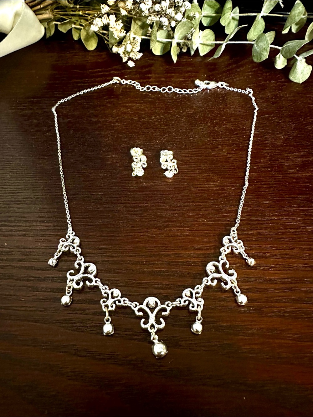 Avon Silver-Tone Ornate Drop Necklace with Matching Studs
